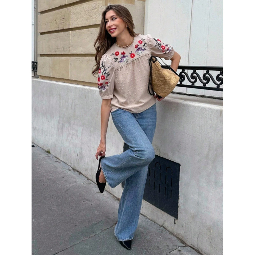 ZARA Spring Summer French Vintage Floral Slimming Short Sleeve Blouse